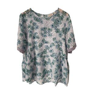 LOGO Lori Goldstein Blouse Size Medium Short Sleeve Floral Print Sheer Bohemian